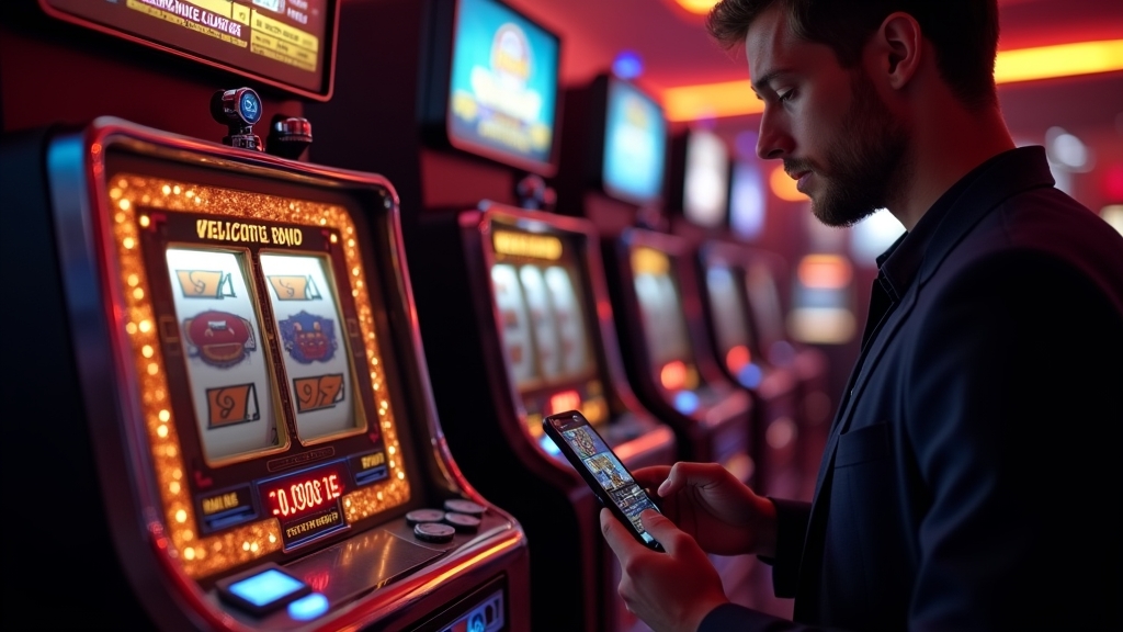 Carte de bonus et machine à sous dans un casino sombre aux accents rouge et or